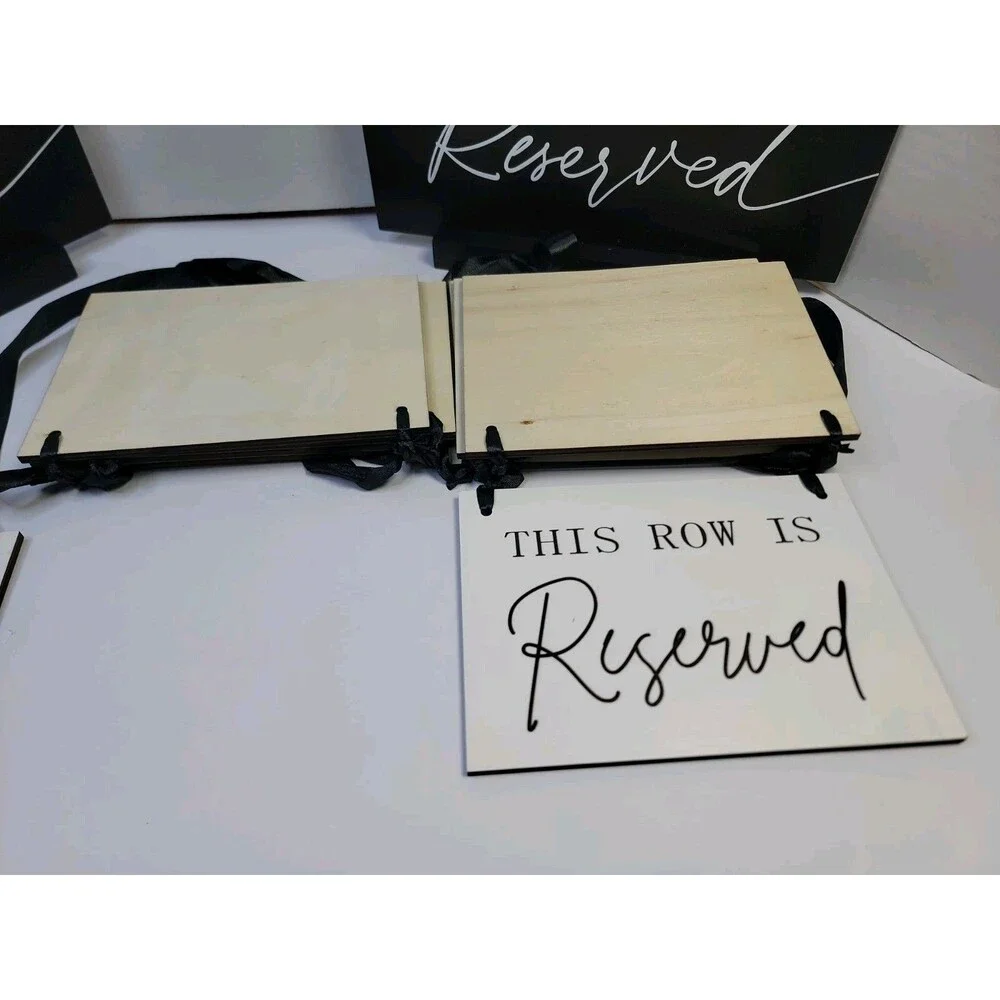 Set of 12 Reserved Wedding Signs Black White Ribbon Chair Row And 2 Tabletop